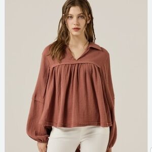 HAILEY AND CO S rust orange long sleeve cotton boho rawxedge peasant top